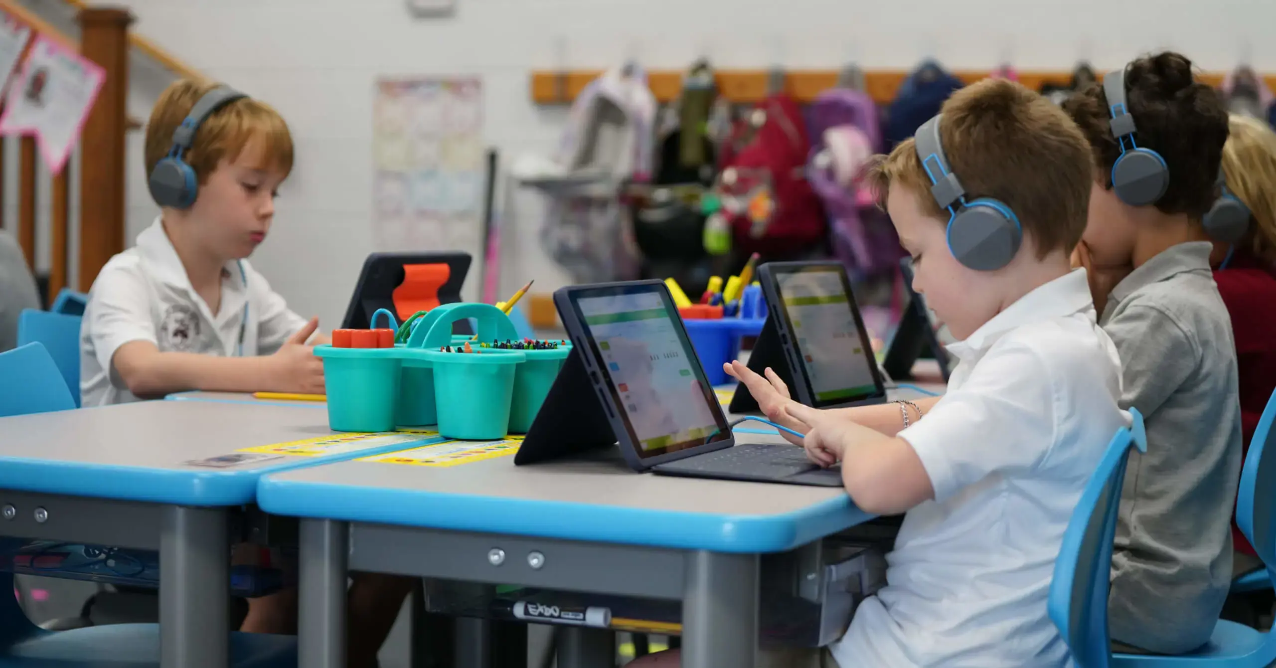 Porter-Gaud Lower School student uses an iPad in class