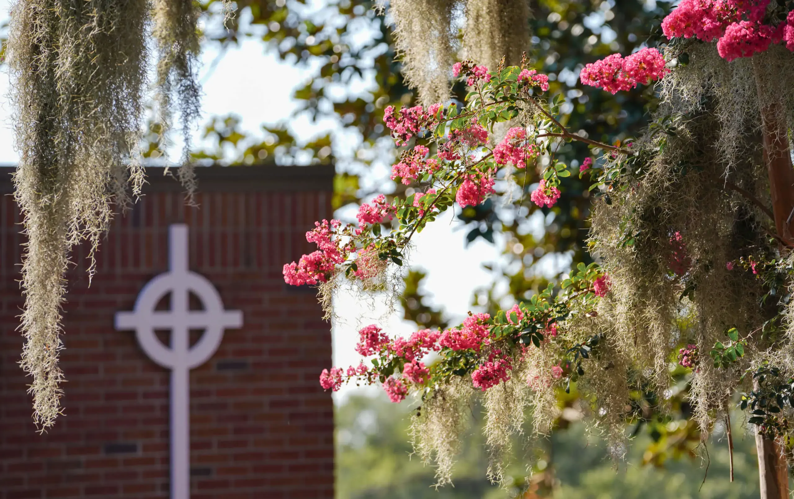 Porter-Gaud campus with cross and blossoms